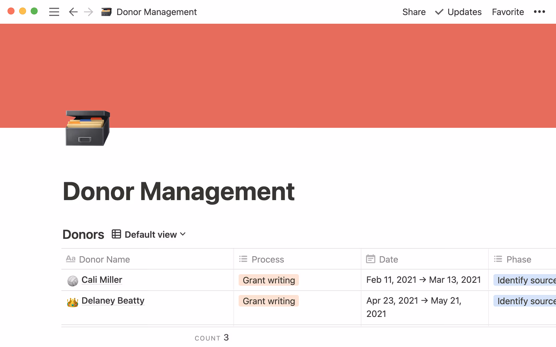 มุมมองฐานข้อมูลของเอกสารจัดการผู้บริจาคที่แสดงรายชื่อพร้อมข้อมูลของผู้บริจาคแต่ละราย