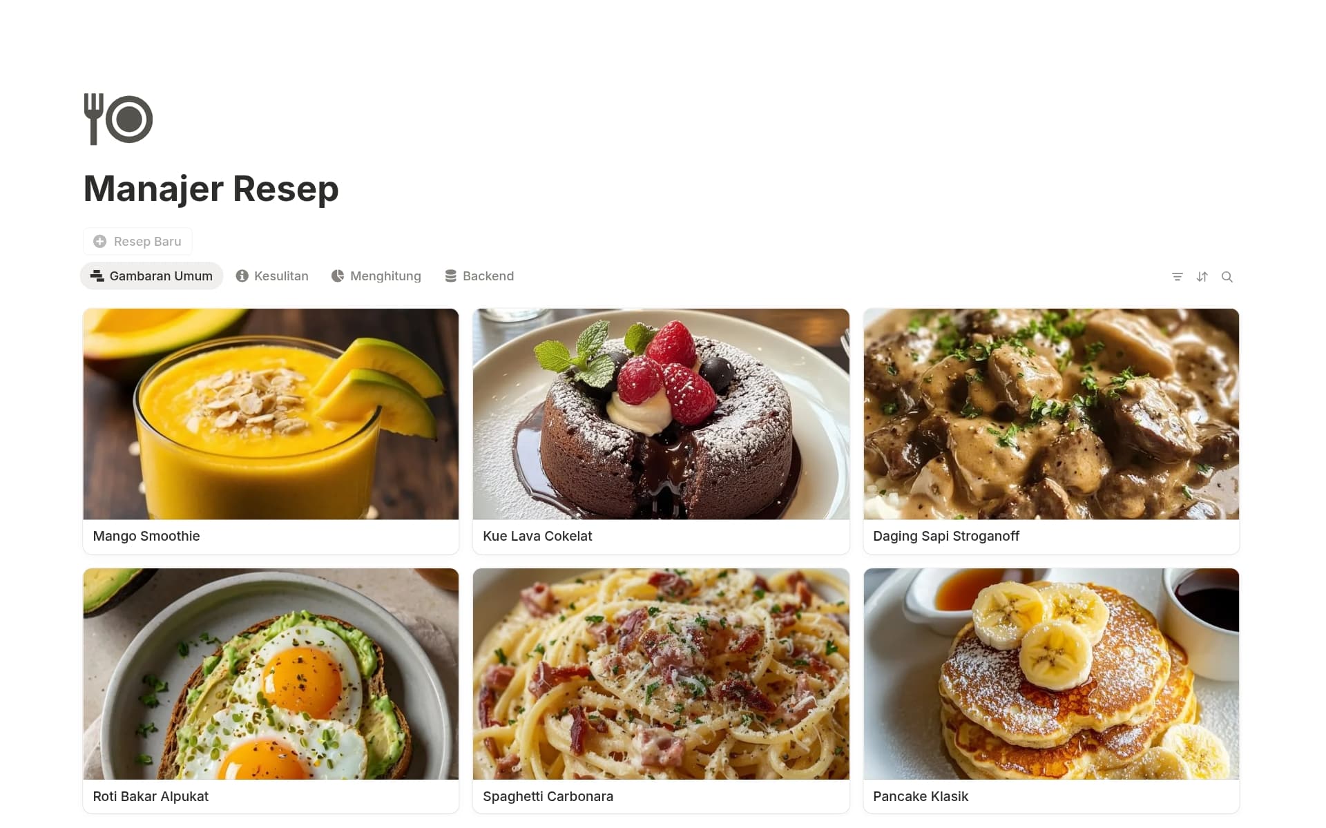 Tangkapan layar koleksi Kotak Resepmu oleh Notion
