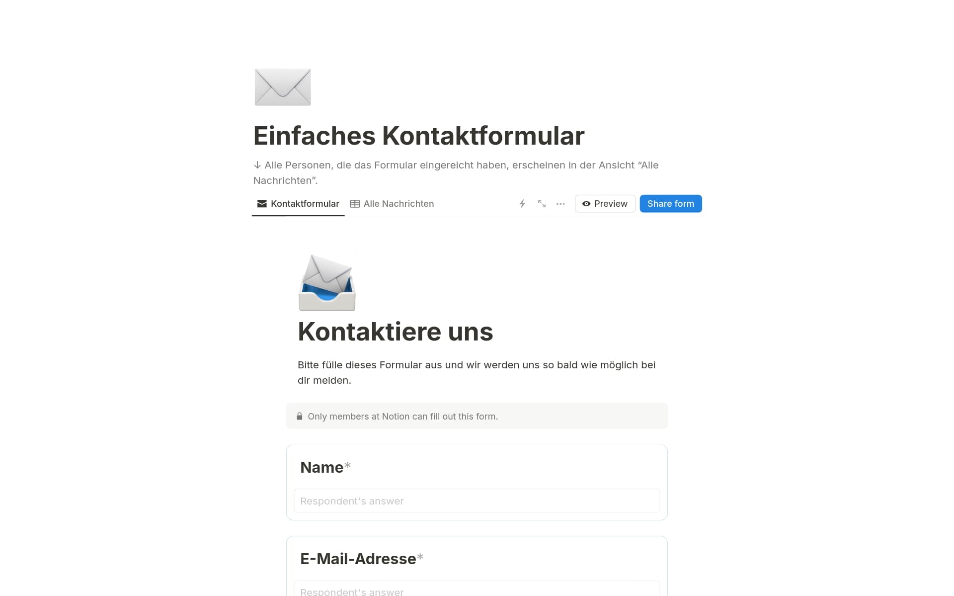 Eine Vorlagenvorschau für Einfaches Kontaktformular